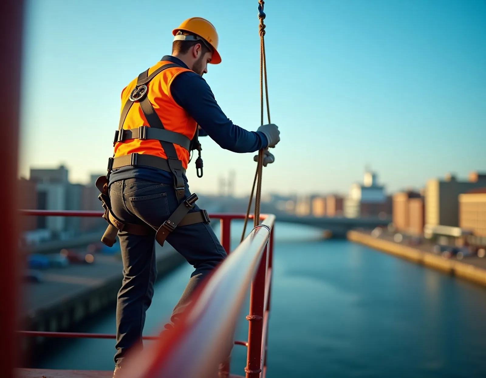 Worker in a full safety harness and hard hat clipping a lanyard to a rail while working at height on a ship hull