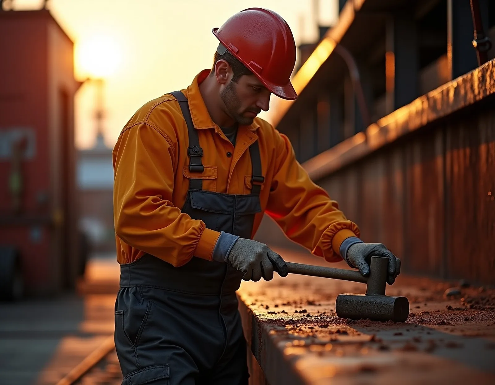 Deck helper in coveralls chipping rust from a steel ship deck with a hammer in low sunlight