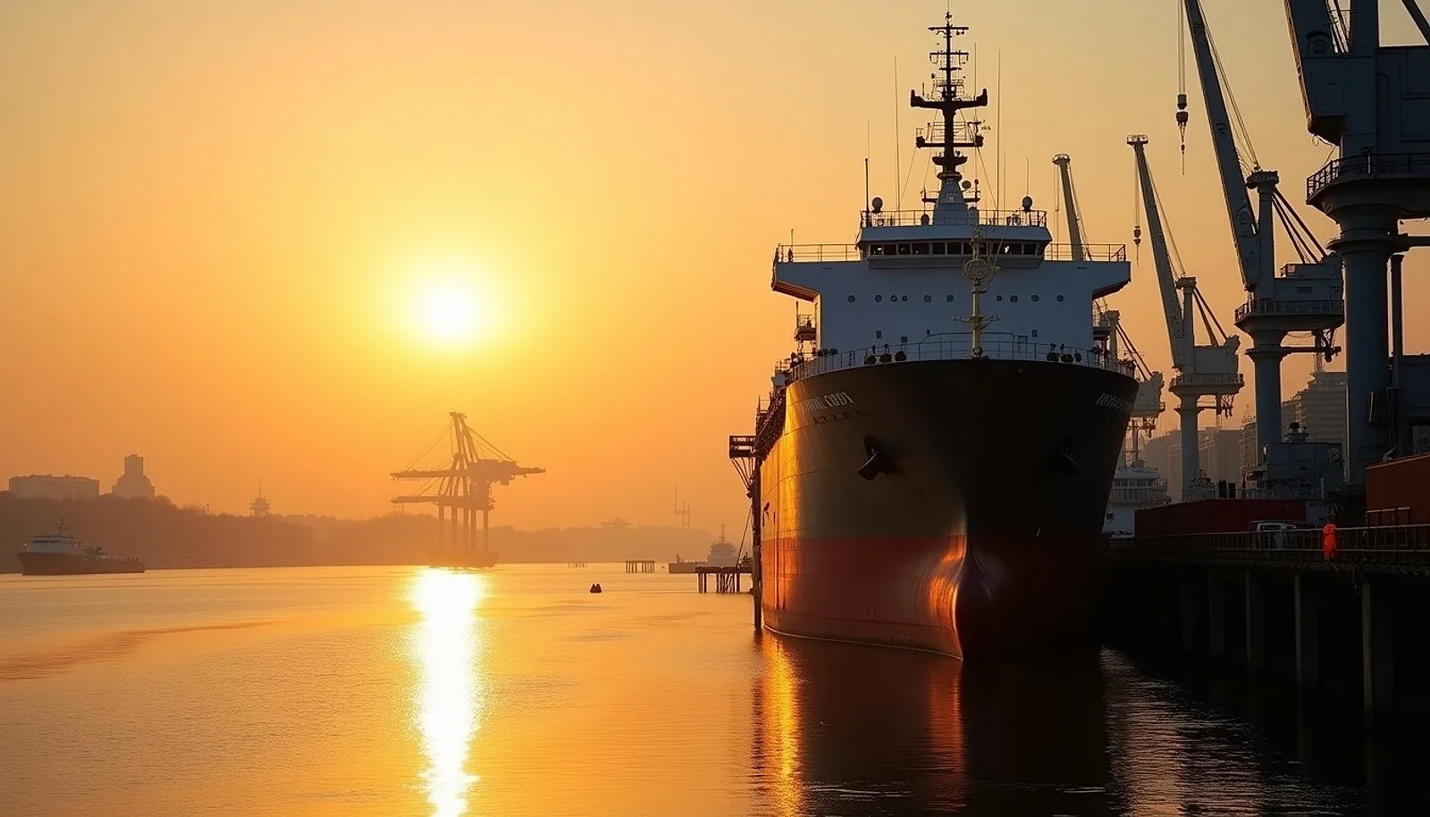 River shipyard at golden hour with a steel vessel on a slipway, scaffolding, cranes and workers in orange coveralls
