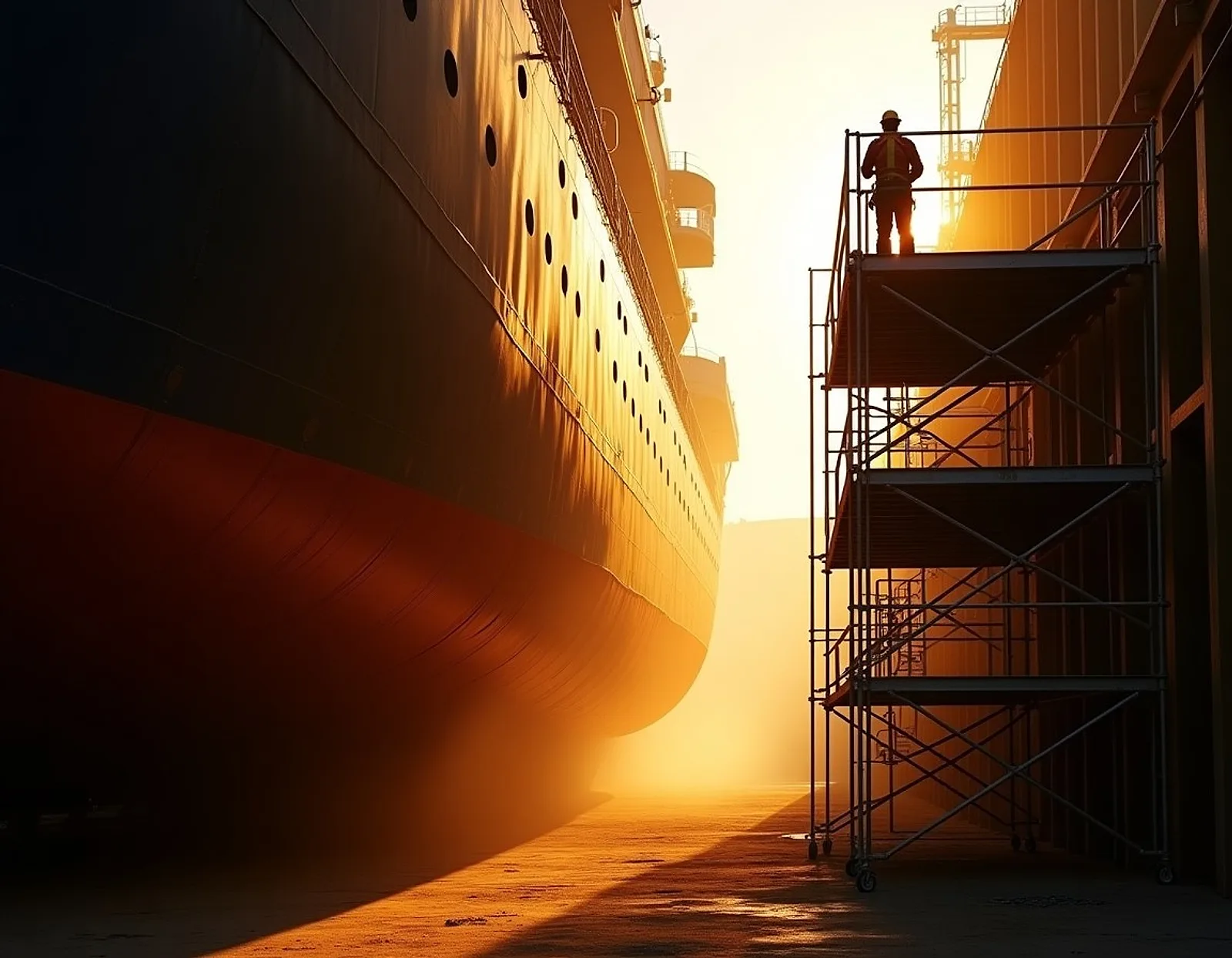 Tubular scaffolding rising along a tall ship hull in a dry dock with a worker in a harness on the staging