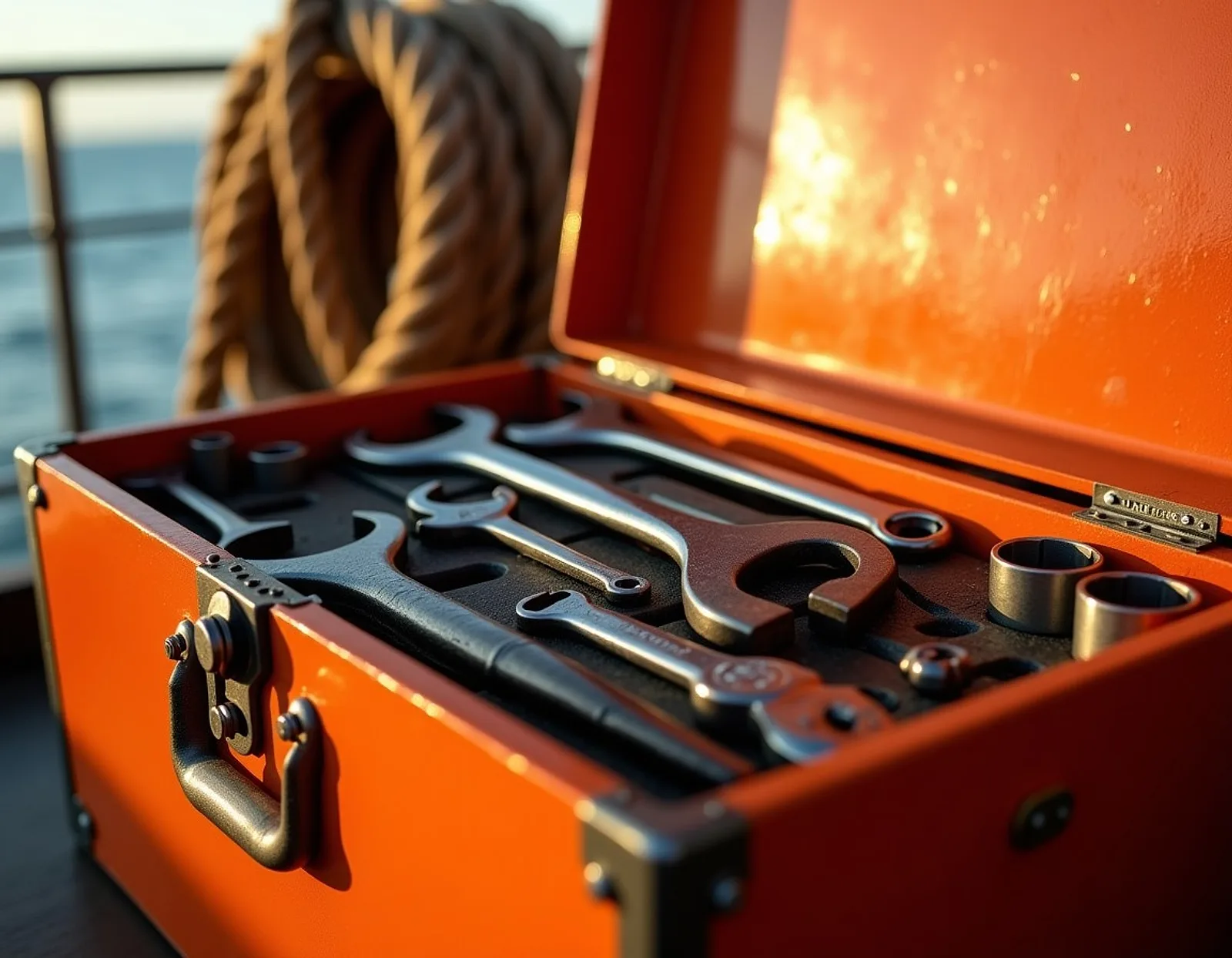 Open orange steel toolbox full of spanners and sockets on the deck of a ship